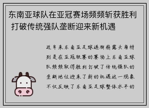 东南亚球队在亚冠赛场频频斩获胜利 打破传统强队垄断迎来新机遇